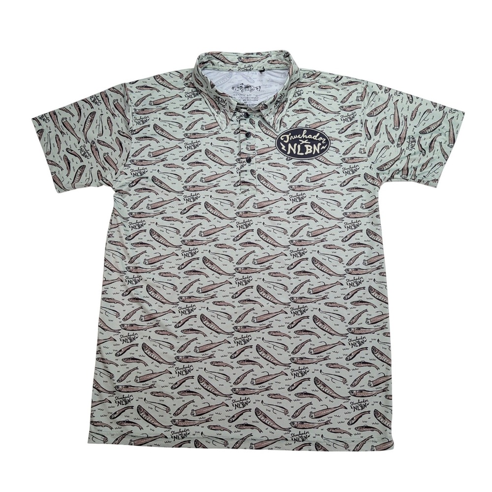 Truchador x NLBN Fishing Polo Mens M Green Baitfish Print Performance